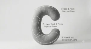 A C-shaped pregnancy pillow placed on a double bed, highlighting its space-saving design.