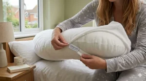 Close-up of a woman unzipping the machine-washable fabric cover on a full body pregnancy pillow.