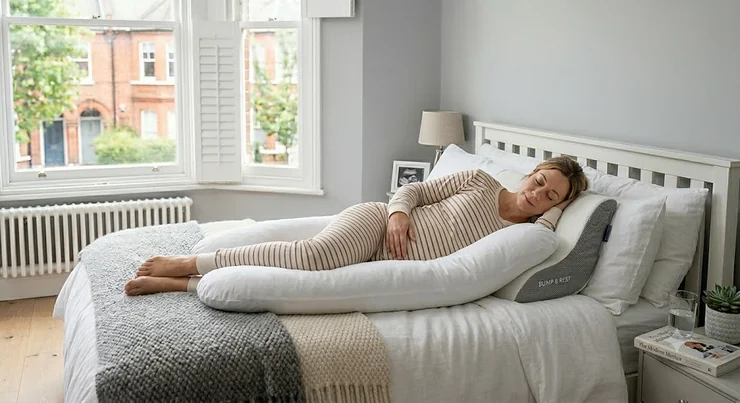 A compact pregnancy wedge pillow used as back support while sitting up in bed to read. pregnancy wedge pillow