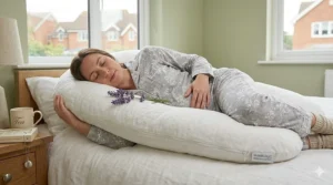 Expectant mother resting peacefully in bed with a full body pregnancy pillow for total comfort.