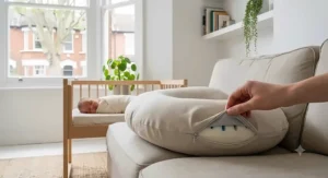 A mother resting on a sofa with a newborn, using a grey postpartum recovery pillow for added comfort.