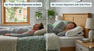 Illustration comparing poor sleep posture on the back with corrected side-sleeping posture using a positional therapy pillow.