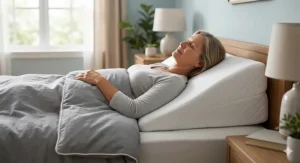 A person resting comfortably on an elevated head pillow to illustrate the correct anti-snore sleeping position.