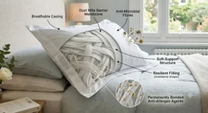An illustration demonstrating the soft, supportive filling of an anti-allergy treated pillow.