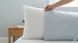 A standard UK-sized dust mite proof pillow being fitted into a patterned cotton pillowcase.