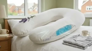 A white U-shaped full body pregnancy pillow arranged on a bed next to fresh lavender.