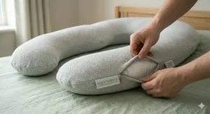 Ergonomic U shaped pregnancy pillow designed to relieve back and hip pain.