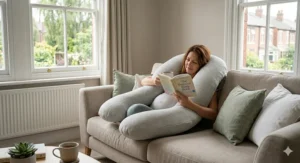 Person relaxing on a sofa using a U shaped maternity pillow for back and arm support.