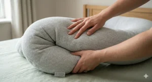 Close up of the soft, machine-washable cotton cover on a U shaped pregnancy pillow.