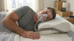 A person sleeping comfortably on their side using a CPAP pillow while wearing a nasal CPAP mask.