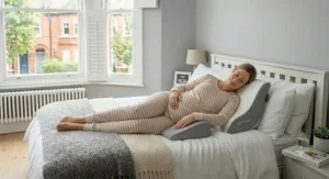 Close-up of a soft, removable, and machine-washable cover on a pregnancy wedge pillow.
