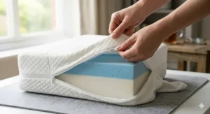 Close-up of the removable, machine-washable cover on a UK-standard elevated head pillow.