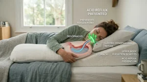 Illustrative guide to preventing reflux while sleeping elevated.