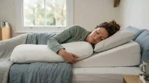 Illustration of side sleeping with a wedge and body pillow.