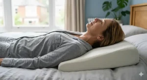 Side profile view showing how an elevated head pillow maintains natural spinal alignment while sleeping.