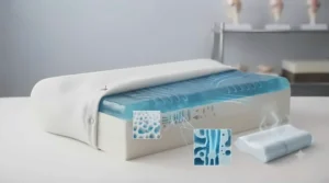 Close-up of hands adjusting the shredded filling inside a customizable pillow to achieve the ideal height for neck comfort.
