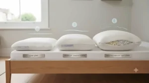 Side-by-side comparison of different pillow loft levels to suit back, side, and front sleepers seeking temperature control.