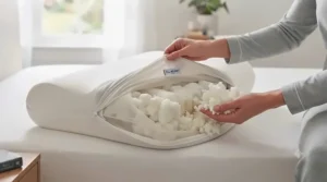 Close-up of hands adjusting shredded memory foam inside an ergonomic pillow for back pain to customise loft and firmness.