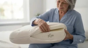 Person adjusting the height settings of the pillow for comfort.