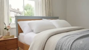 A comfortable bed styled with lightweight bedding, suitable for maintaining a cool body temperature during warm British summer nights.