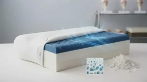 Supportive cervical contour pillow cradling the neck and head of a person sleeping on their back to prevent stiffness.