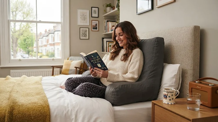 Premium backrest pillow for bed arranged against a neutral headboard in a modern British bedroom, providing ergonomic support for reading or relaxing upright. backrest pillow for bed