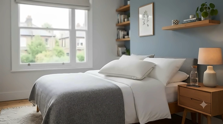 A luxury hotel-quality bed pillow on a neatly made white duvet, illustrating the best breathable pillow for keeping cool throughout the night. best breathable pillow