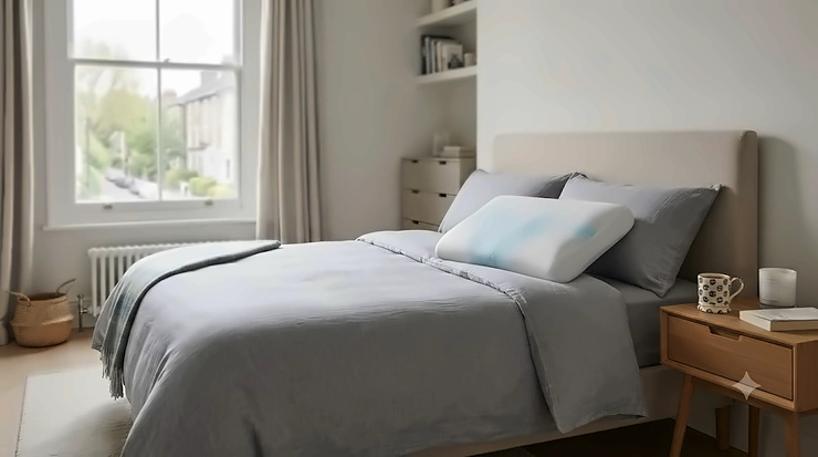 A premium cooling gel pillow on a neatly made bed, designed for restful sleep in warmer UK temperatures. best cooling gel pillow