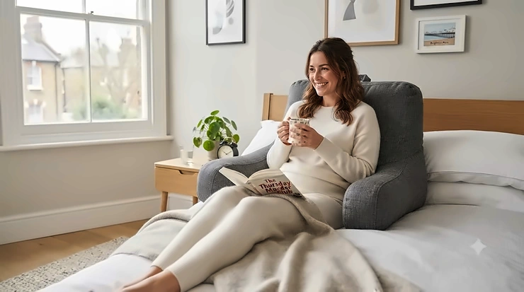 A comfortable grey husband pillow on a British double bed, priced under £30 for budget-friendly bedroom back support. husband pillows under £30