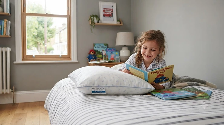 A comfortable junior pillow designed for UK children, placed on a child's bed. best junior pillow