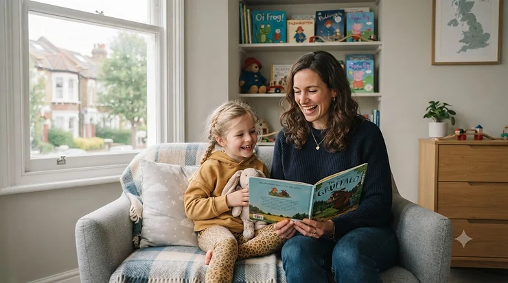 A mother reading a book to her young daughter, who is holding a soft toy while sitting in a comfortable bedroom chair. best pillow for kids