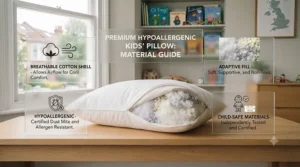 A premium kids' pillow showing internal material layers, with infographic panels explaining hypoallergenic and breathable features.
