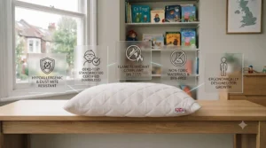 A kids' pillow displayed with icons highlighting safety certifications, including BS 7177 flame retardant compliance.