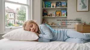 A young child sleeping on their side, showing how a contoured pillow supports the neck and spine during sleep.