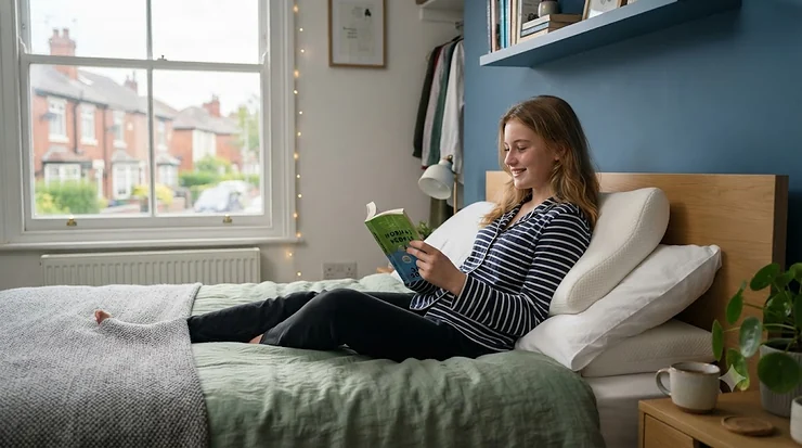 A teenage student relaxing on a bed with a supportive, ergonomic pillow for healthy sleep. best pillow for teenagers