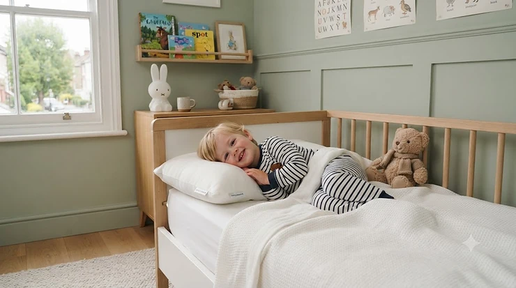 A comfortable, soft toddler pillow placed on a child's bed in a bright nursery. best toddler pillow