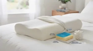 Cutaway view of a hypoallergenic pillow for back pain highlighting breathable cotton covers and cooling gel layers.