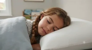A happy child sleeping soundly on a supportive, hypoallergenic pillow.