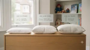 Three pillows of varying heights on a wooden surface, labelled by age groups to show appropriate loft for children.