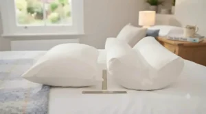 A side-by-side comparison showing the difference between a standard pillow and a firm v-shaped support pillow.