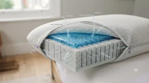 Cross-section diagram of a breathable pillow showing cooling gel layers and moisture-wicking fabric designed to prevent overheating.