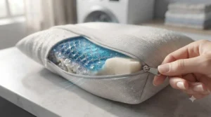 Demonstrating the removable and machine-washable cover on a cooling gel pillow for easy maintenance at home.