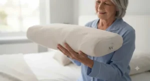 Elderly person holding the lightweight pillow with ease.