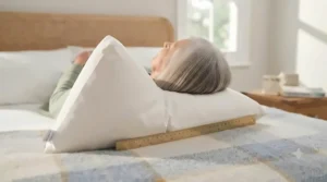 A side view of an elderly person using a firm pillow to maintain neutral neck alignment while sleeping.