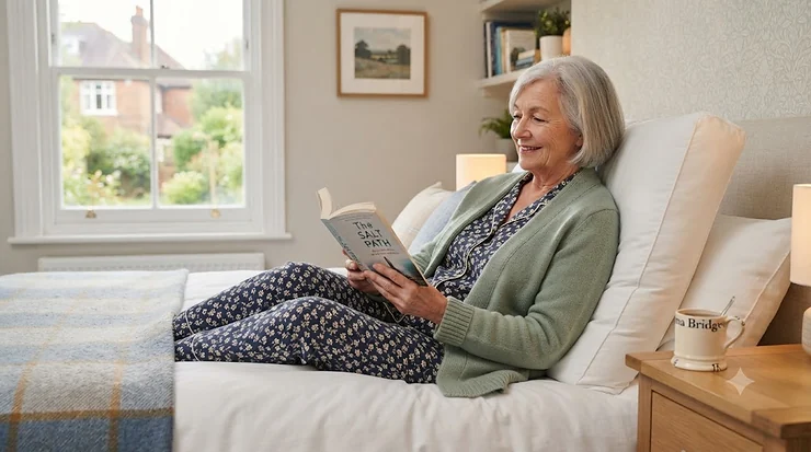 An elderly person sitting in a bed reading a book, propped up by a comfortable firm pillow. firm pillow for elderly