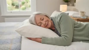 An elderly person resting comfortably with their head supported by a firm orthopaedic pillow.