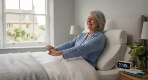 Elderly person waking up in bed feeling rested and refreshed.