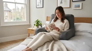 Person sitting up in bed comfortably reading against a supportive husband pillow designed for posture.