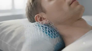 An illustration demonstrating the ergonomic neck support provided by a high-quality cooling gel pillow for side sleepers.