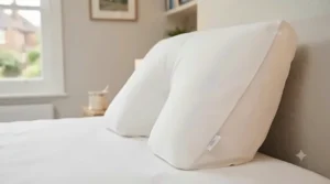 A close-up of a firm v-shaped pillow designed to provide orthopaedic neck support.